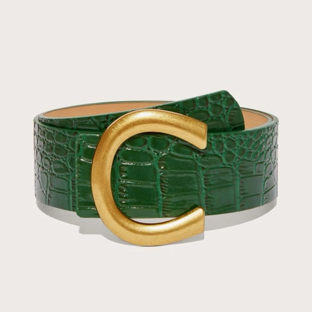 Green Belt | Crocodile Embossed Buckle Belt With Hole Punch